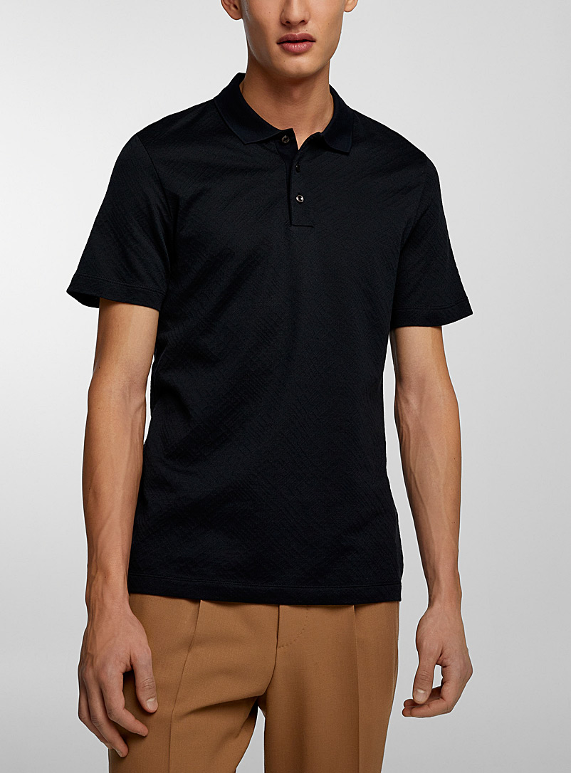 BOSS Dark Blue Cotton and silk micro-patterns polo for men