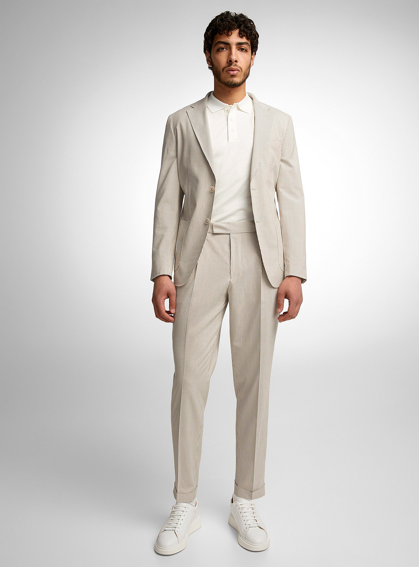 Hugo Boss Pinstripes Seersucker Silk Suit In Gray