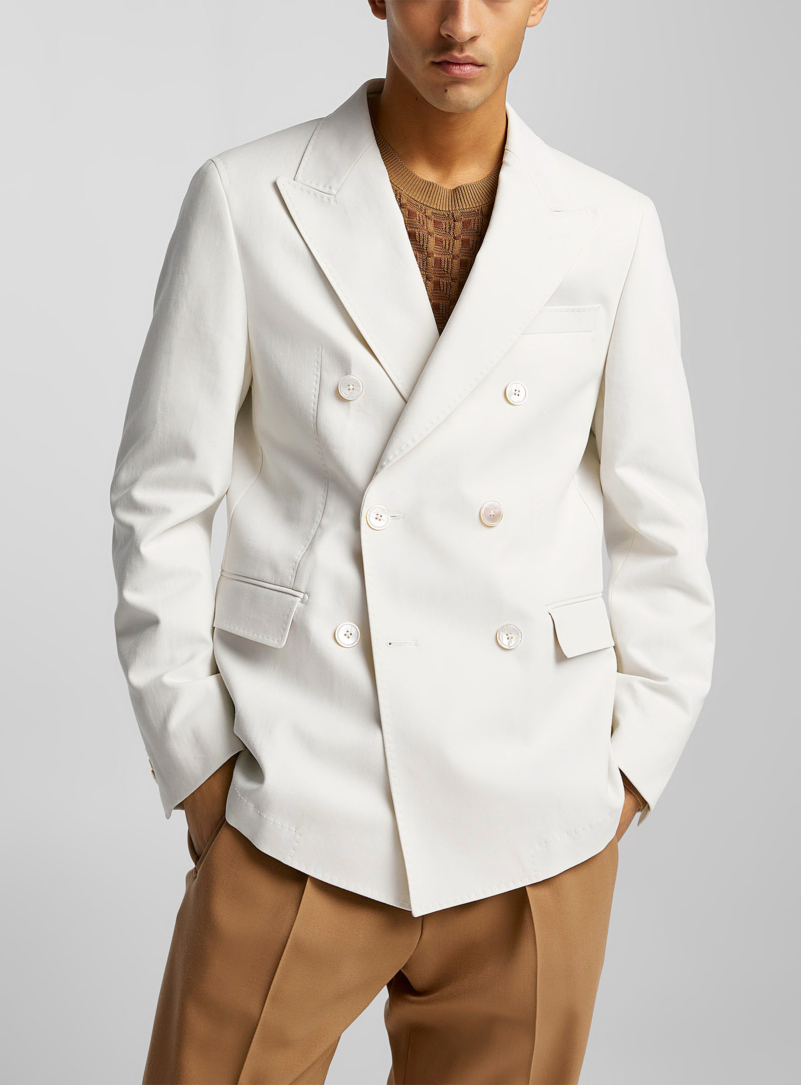 Hugo Boss Double-breasted Cotton Blazer In Ivory White
