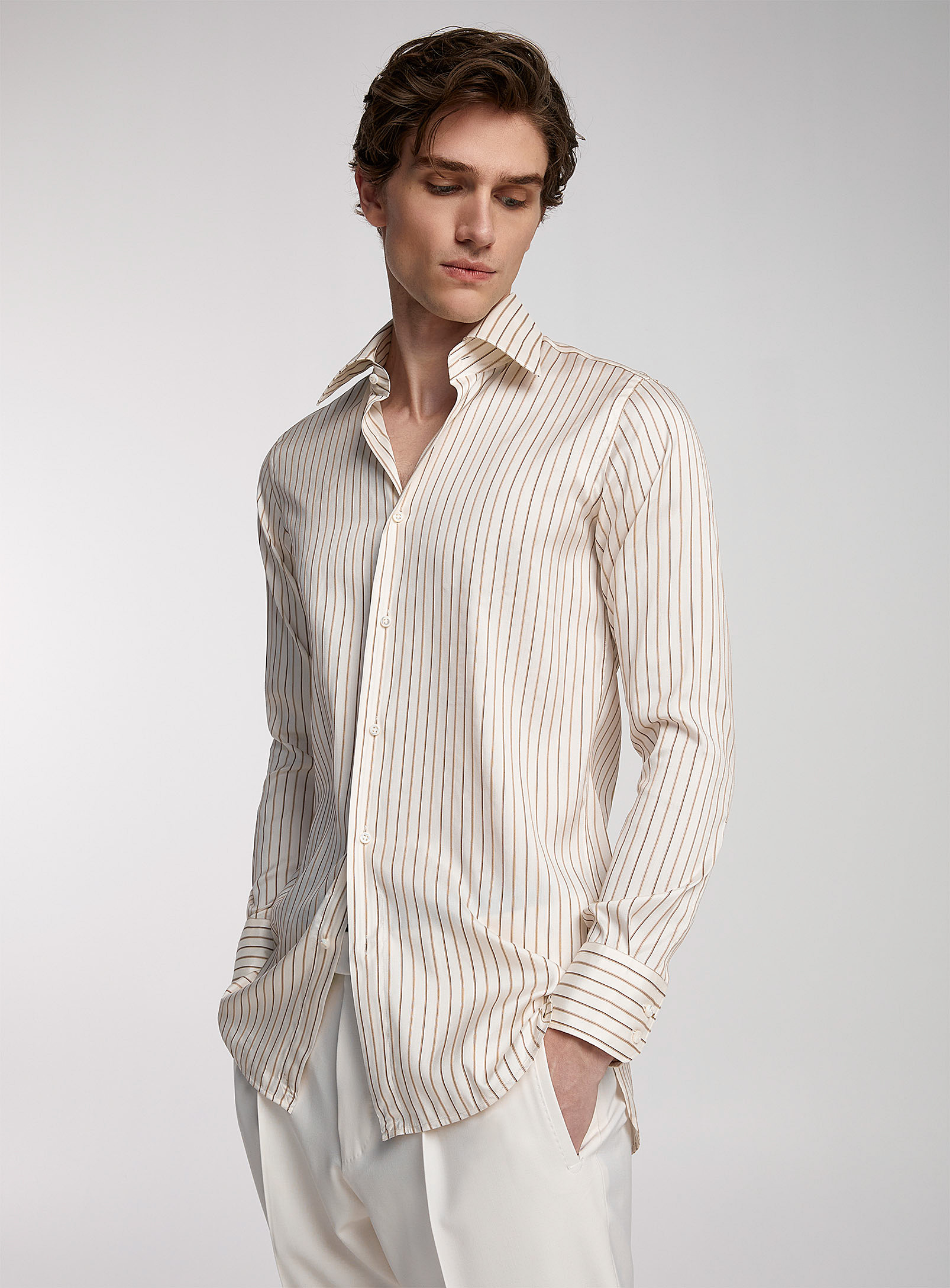 Hugo Boss Embroidered Stripes Silk Shirt In Brown