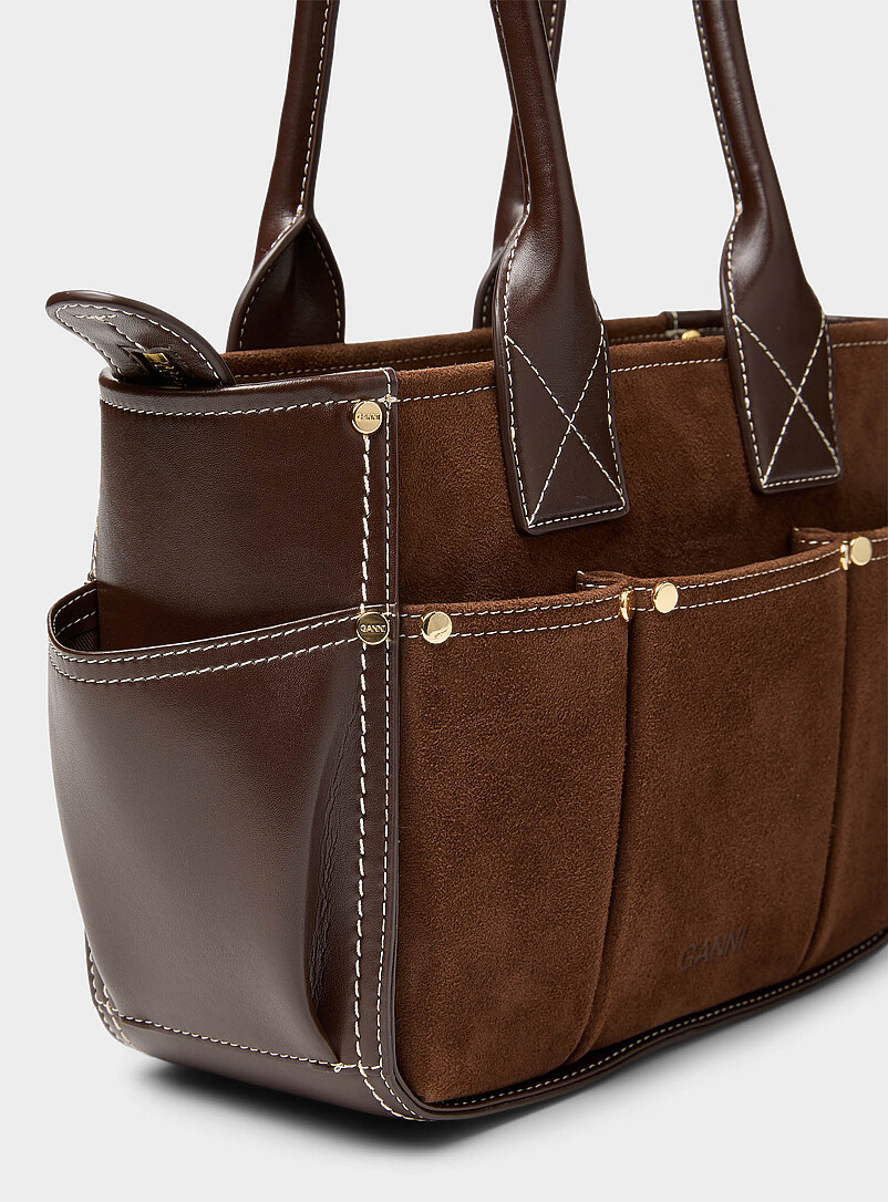 Ganni Chocolate/Espresso Posy leather and suede shoulder bag for women