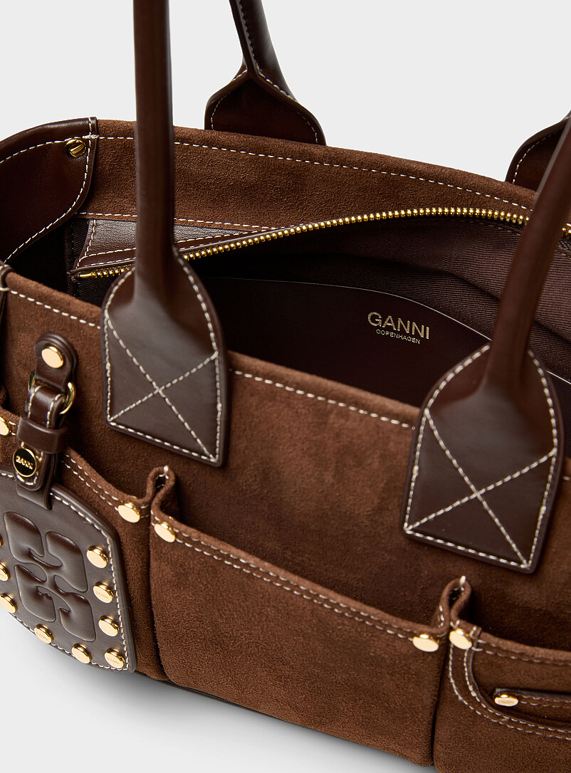 Ganni Chocolate/Espresso Posy leather and suede shoulder bag for women