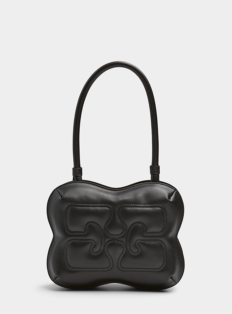 Ganni Black Embroidered logo recycled leather bag for women