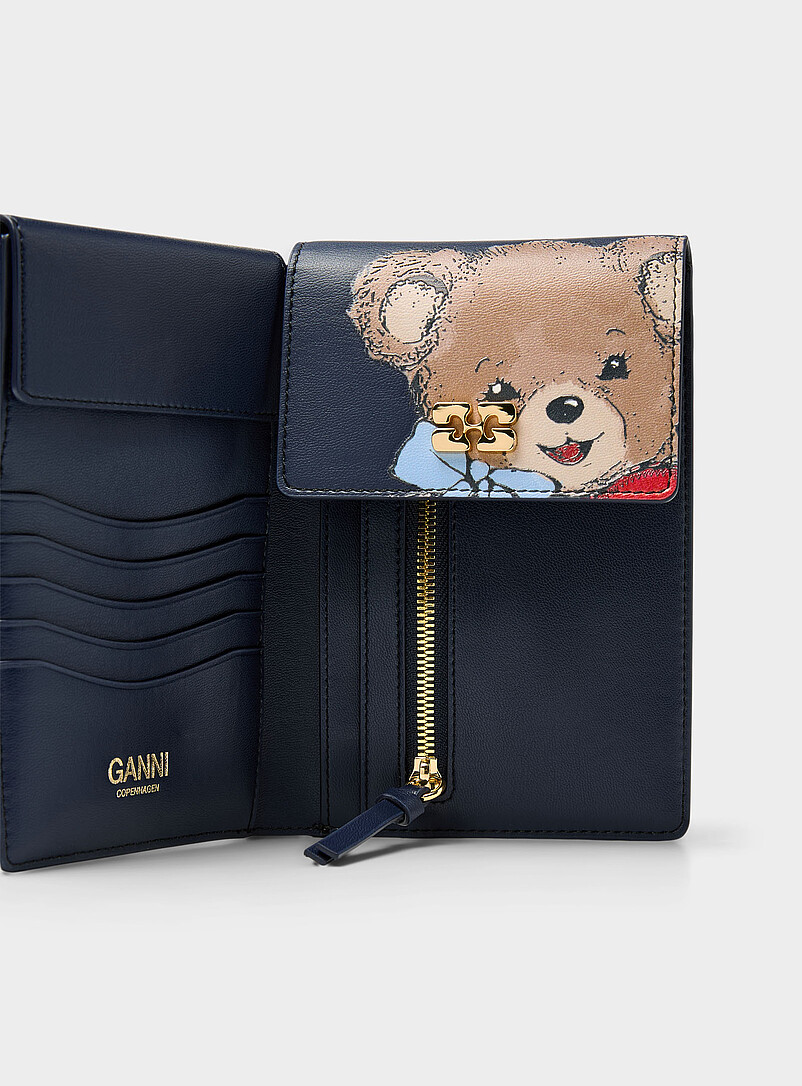 Ganni Patterned Black Teddy recycled leather foldable card holder for women