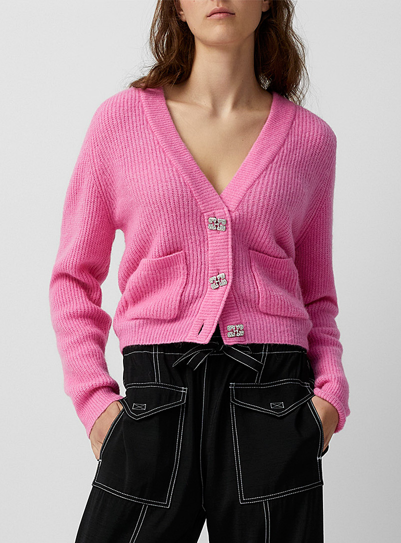 Ganni Pink Jewel-button wool cardigan for women