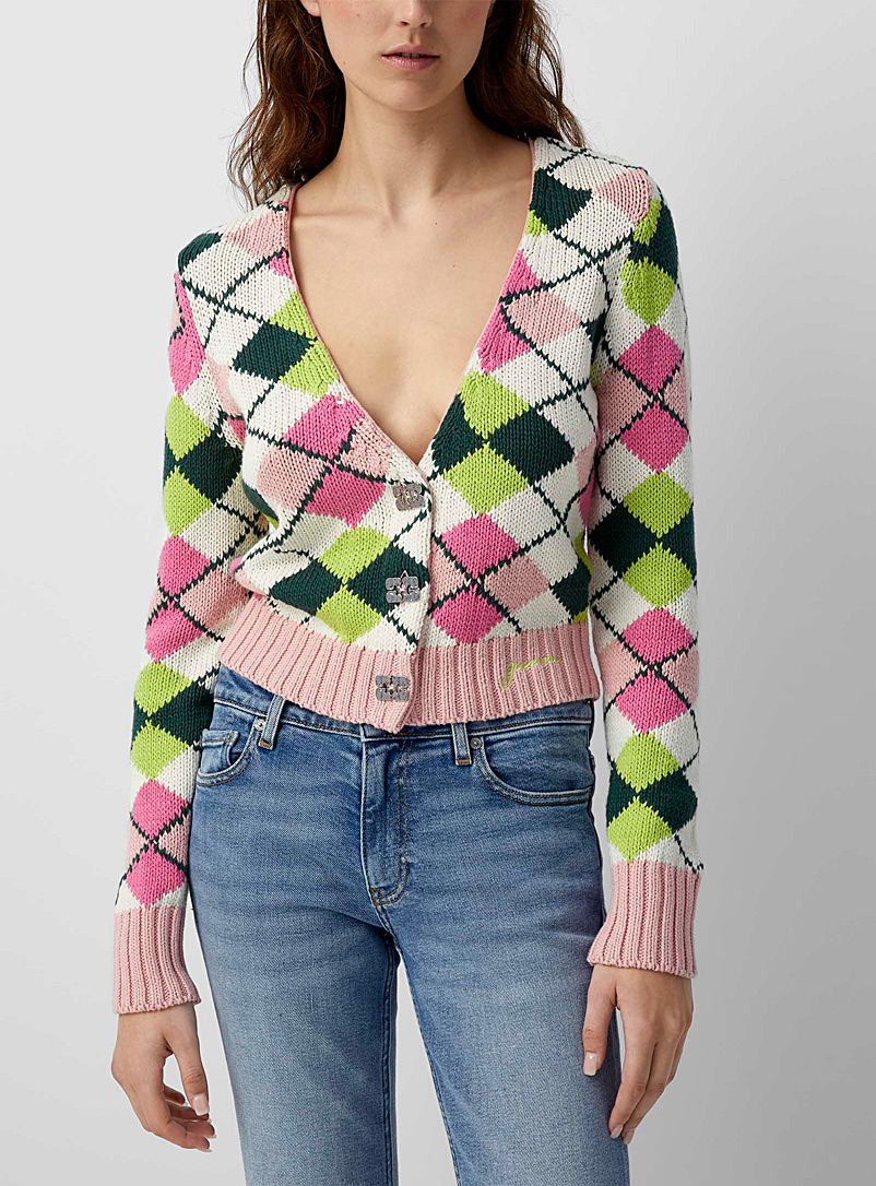 Ganni Pink Jewel-button checkered cardigan for women