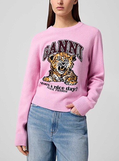 Ganni: Le chandail &agrave; tigreau en laine Rose pour femme