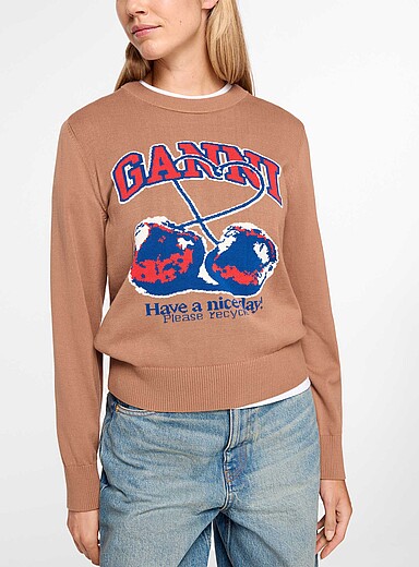 Ganni Light Brown Cherry cotton sweater for women