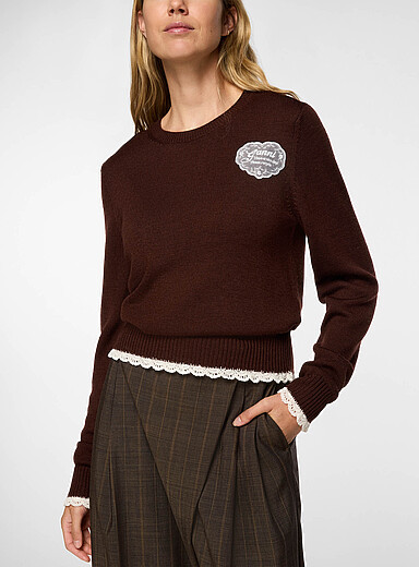 Ganni Brown Scalloped lace trim rib-knit sweater for women