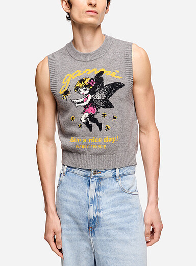 Ganni Grey Fairy jacquard sweater vest for men