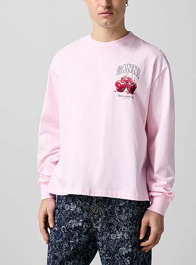 Ganni Pink Cherries logo long-sleeve T-shirt for men