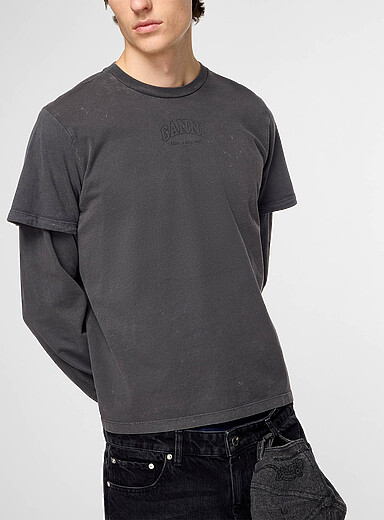 Ganni Charcoal Faded layered-effect long-sleeve T-shirt for men