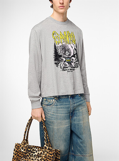 Ganni: Le t-shirt manches longues ourson velout&eacute; Gris pour homme