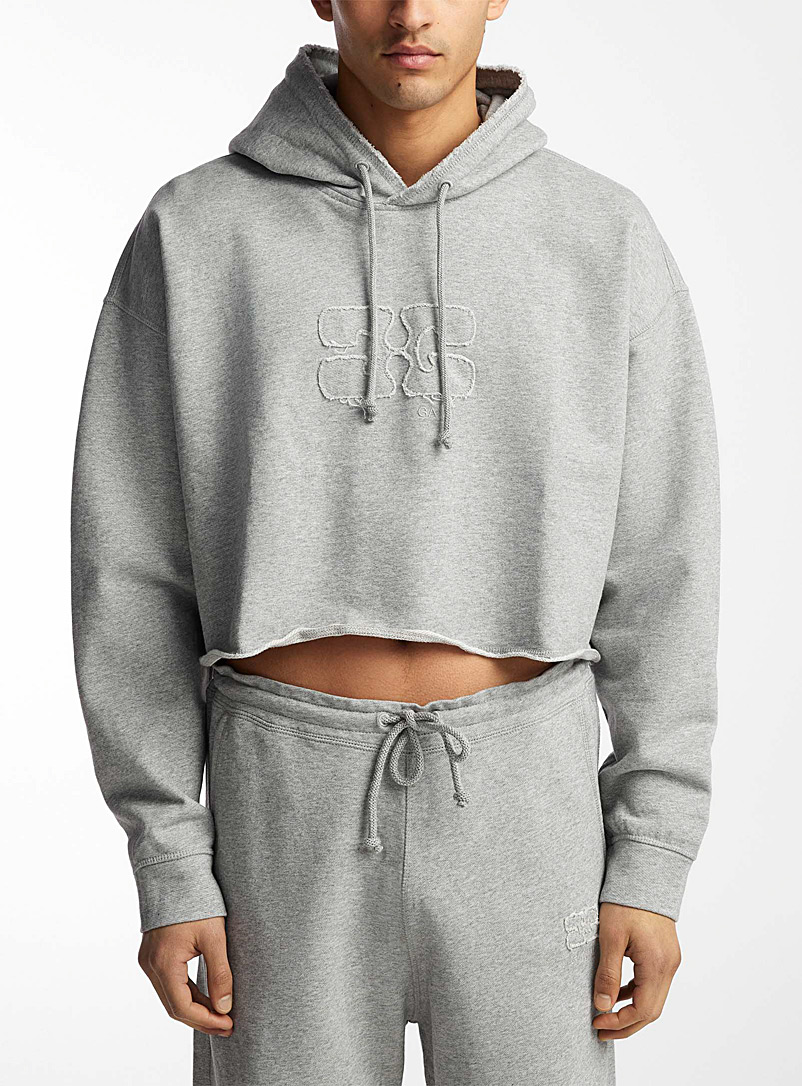 Ganni Grey Frayed logo cropped sweatshirt Unisex for men
