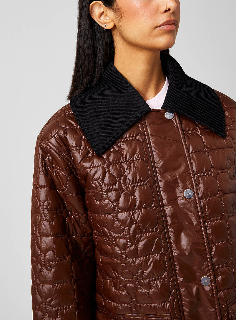 Ganni Brown Glossy parka with quilt logos for women