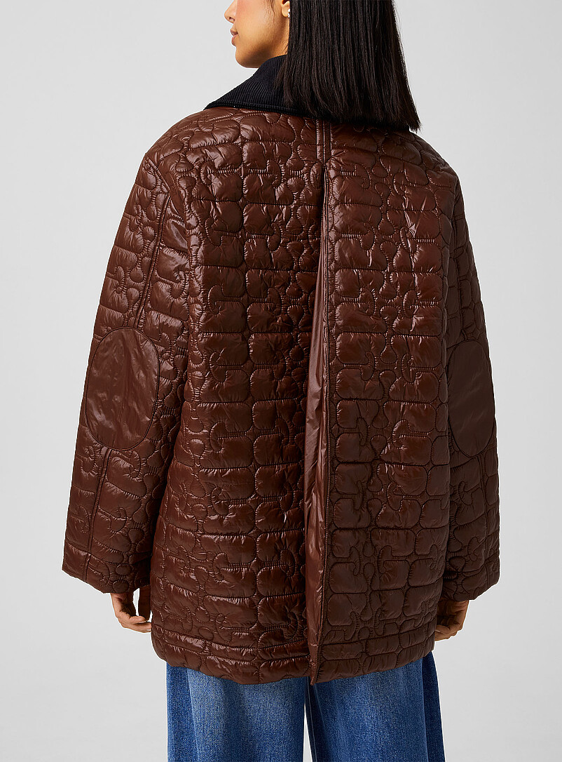 Ganni Brown Glossy parka with quilt logos for women