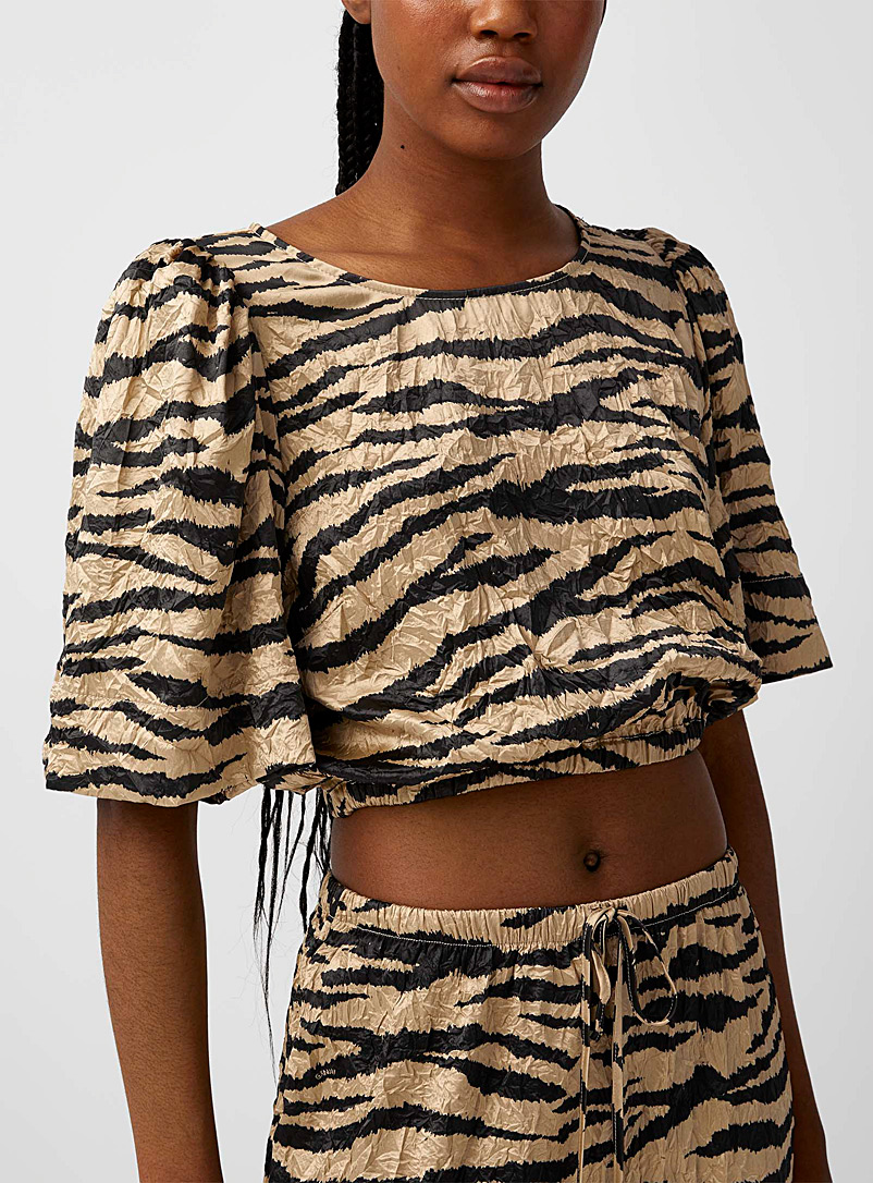 Ganni Patterned Ecru Wrinkled texture striped satin blouse for women