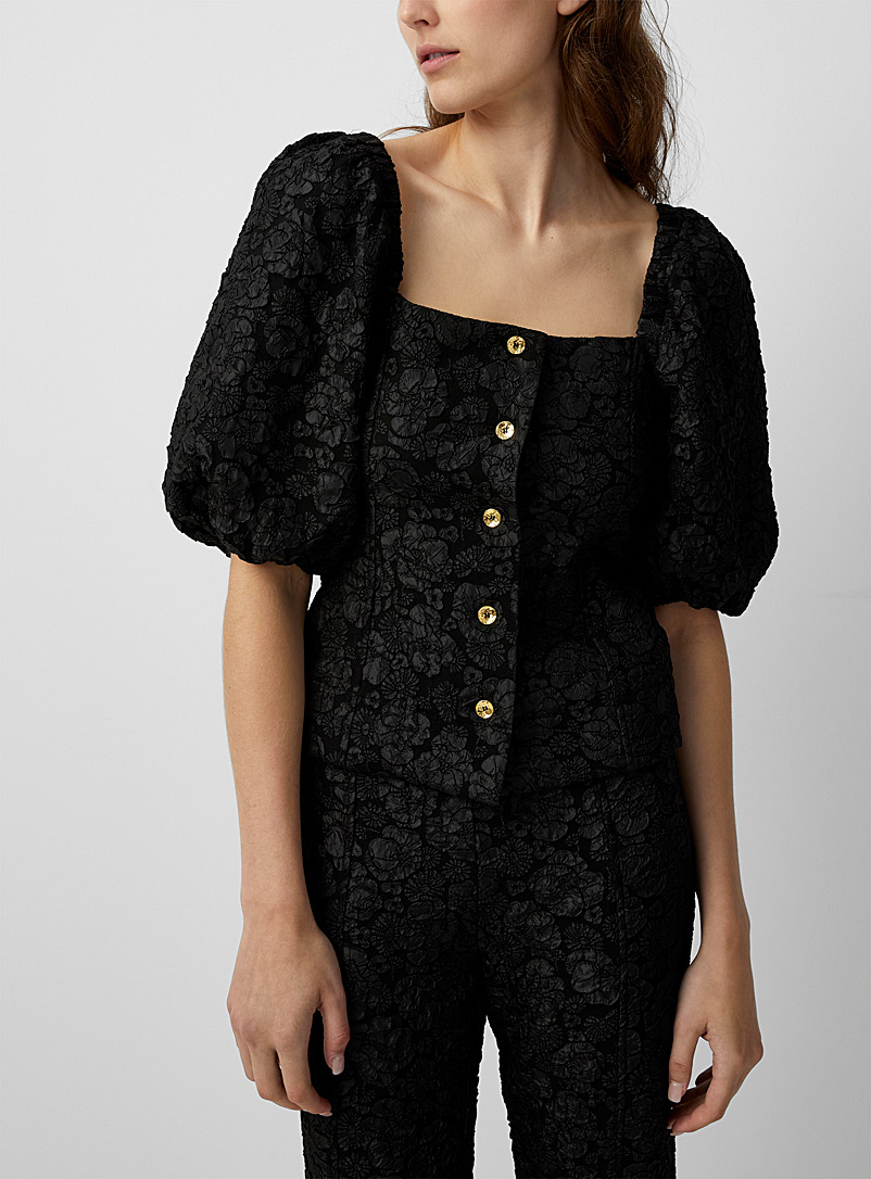 Ganni Black Jacquard flowers puff-sleeve blouse for women