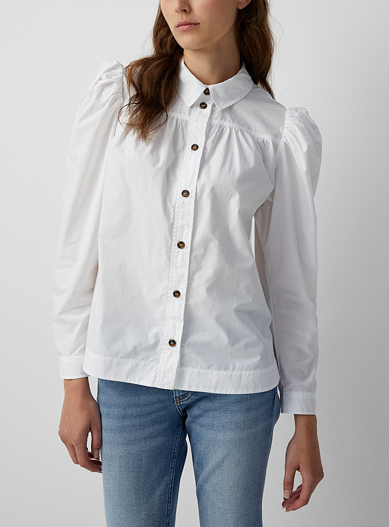 Ganni White Puff-sleeve poplin shirt for women