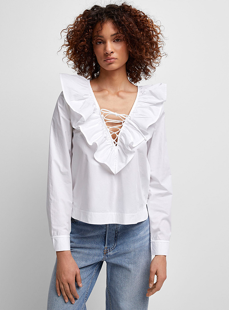 Ganni White Ruffled laced blouse for women