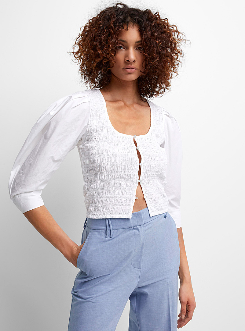 Ganni White Smocked puff-sleeve blouse for women