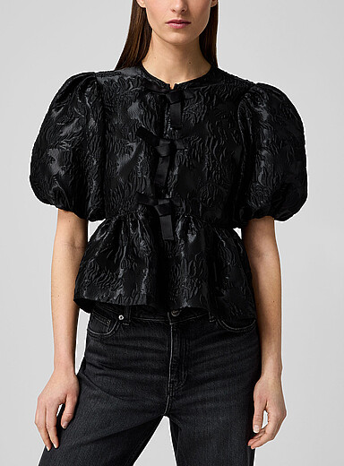 Ganni Black Textured satin peplum waist blouse for women