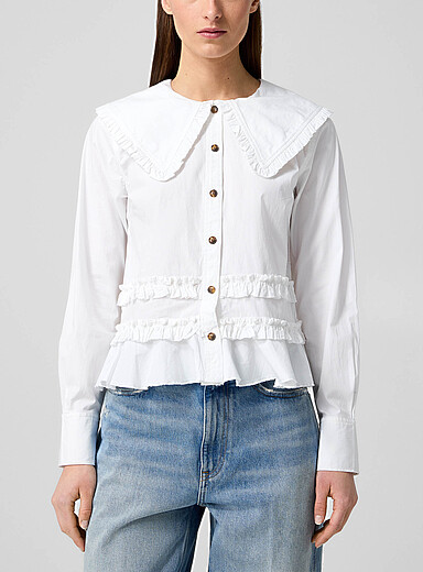 Ganni: La blouse col frisons en popeline Blanc pour femme