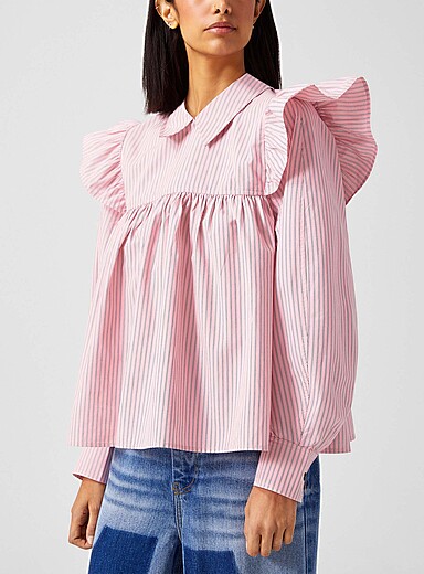 Ganni: La blouse babydoll &agrave; frisons pur coton Blanc &agrave; motifs pour femme