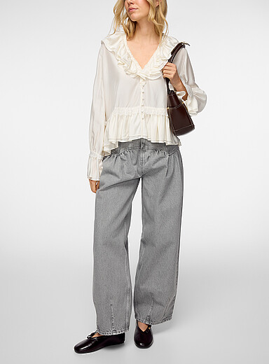 Ganni Light Grey Corset-waist barrel-leg jean for women