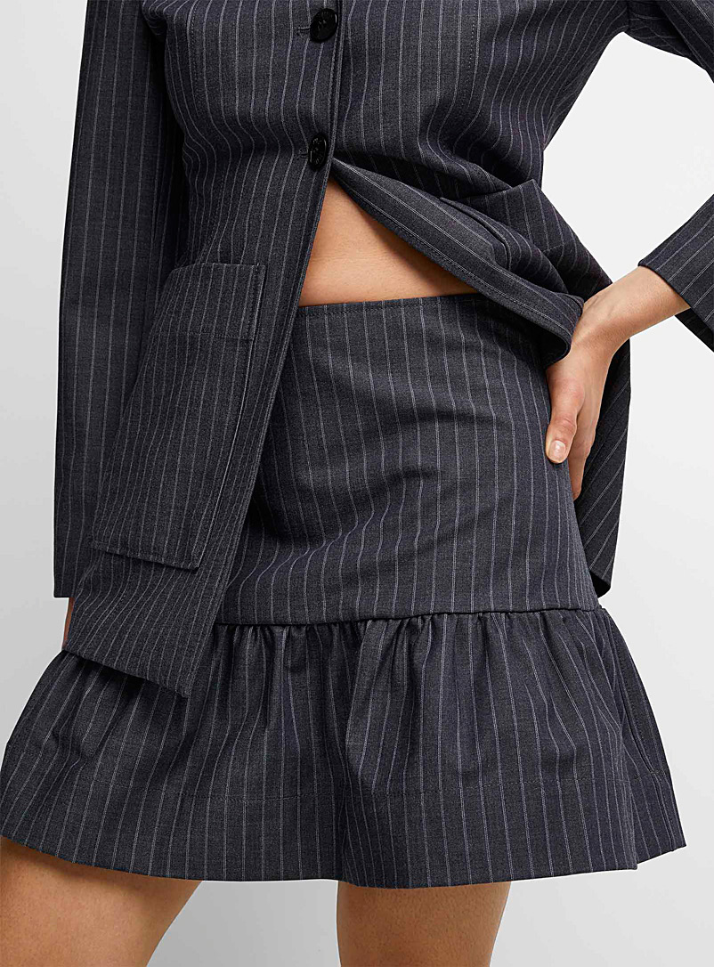Ganni Dark Grey Pinstriped ruffled miniskirt for women