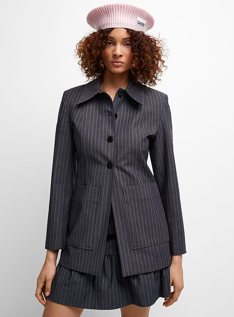 Ganni Dark Grey Pointed collar lined blazer for women