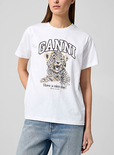Ganni Patterned White Leopard cub logo T-shirt for women