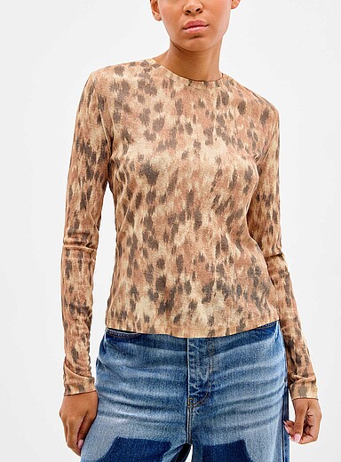 Ganni Patterned Ecru Blurry leopard print long-sleeve T-shirt for women