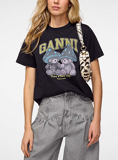 Ganni: Le t-shirt logo oursons au chapeau champignon Charbon pour femme