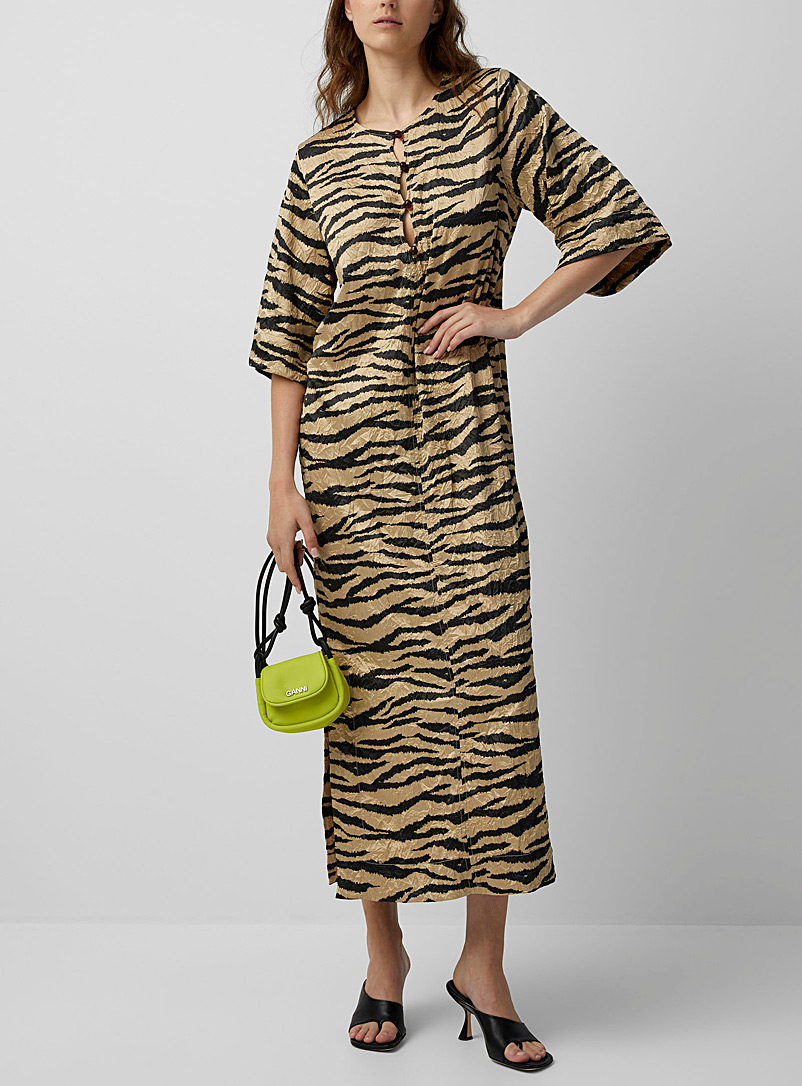 Ganni Patterned Ecru Wrinkled satin zebra dress for women
