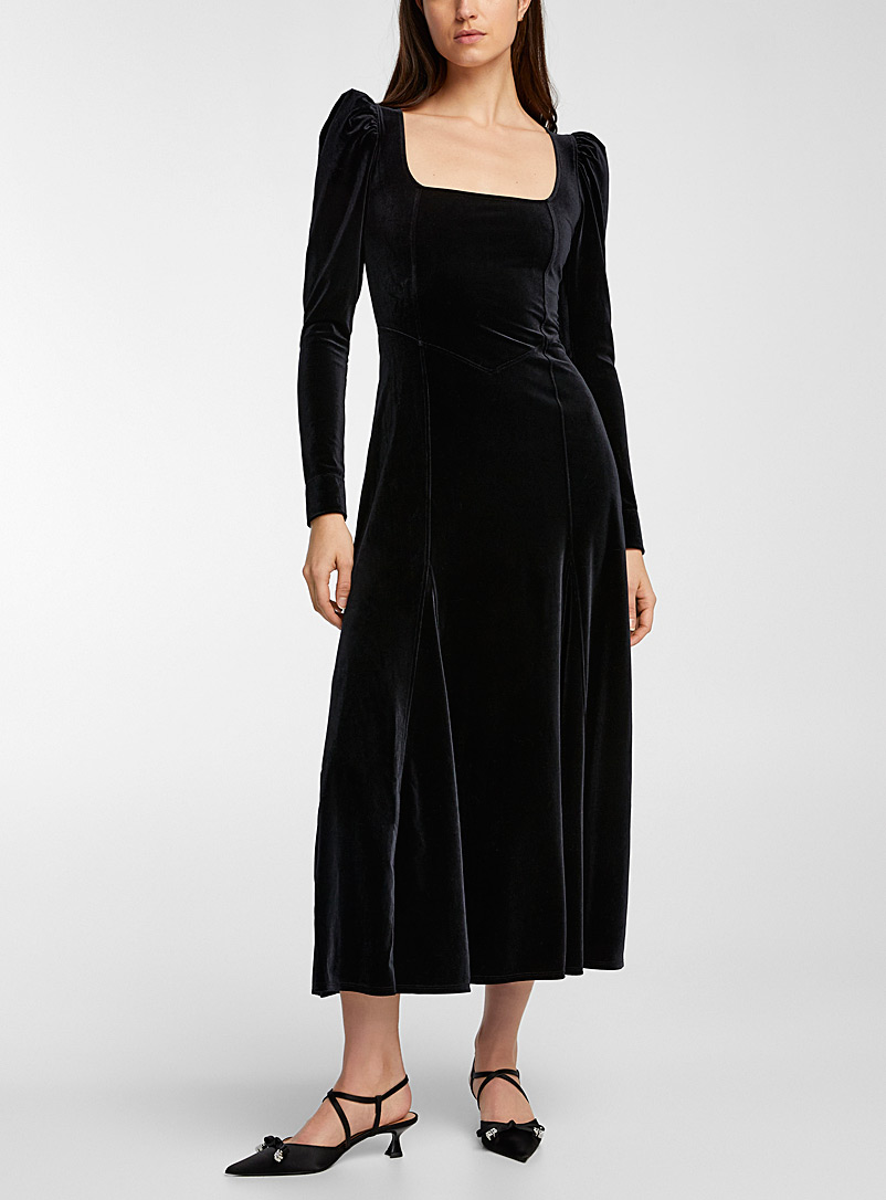 Ganni: La robe manches pouf velours noir Noir pour femme
