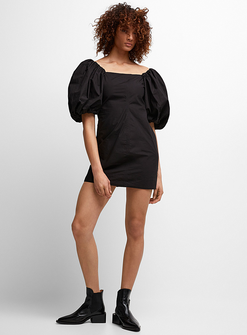 Ganni Black Puff-sleeve poplin mini-dress for women