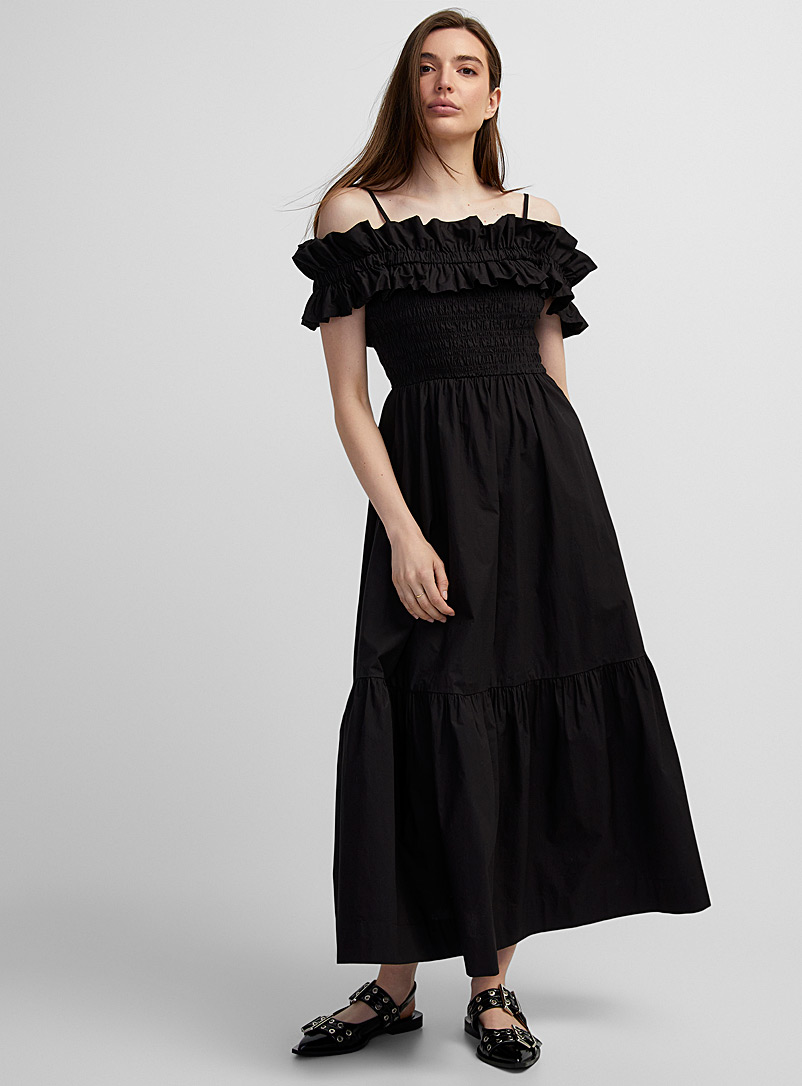 Ganni Black Smocked poplin dress for women