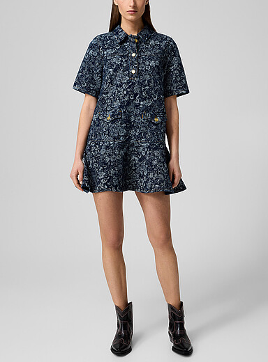 Ganni Blue Floral denim ruffles minidress for women