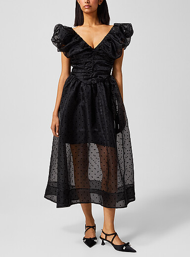 Ganni Black Polka dots organza V-neck dress for women