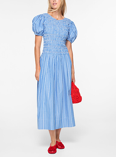 Ganni Blue Striped smocked puff-sleeve midi dress for women