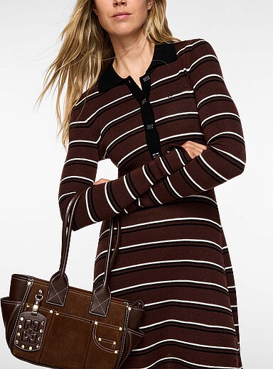 Ganni Brown Stripped rib-knit polo dress for women