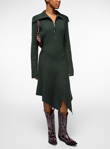Ganni Mossy Green Asymmetrical merino wool blend midi dress for women
