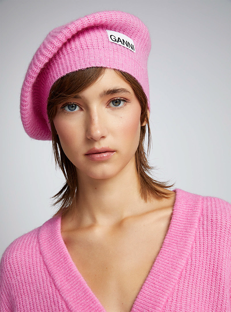 Ganni Pink Logo wool beret for women