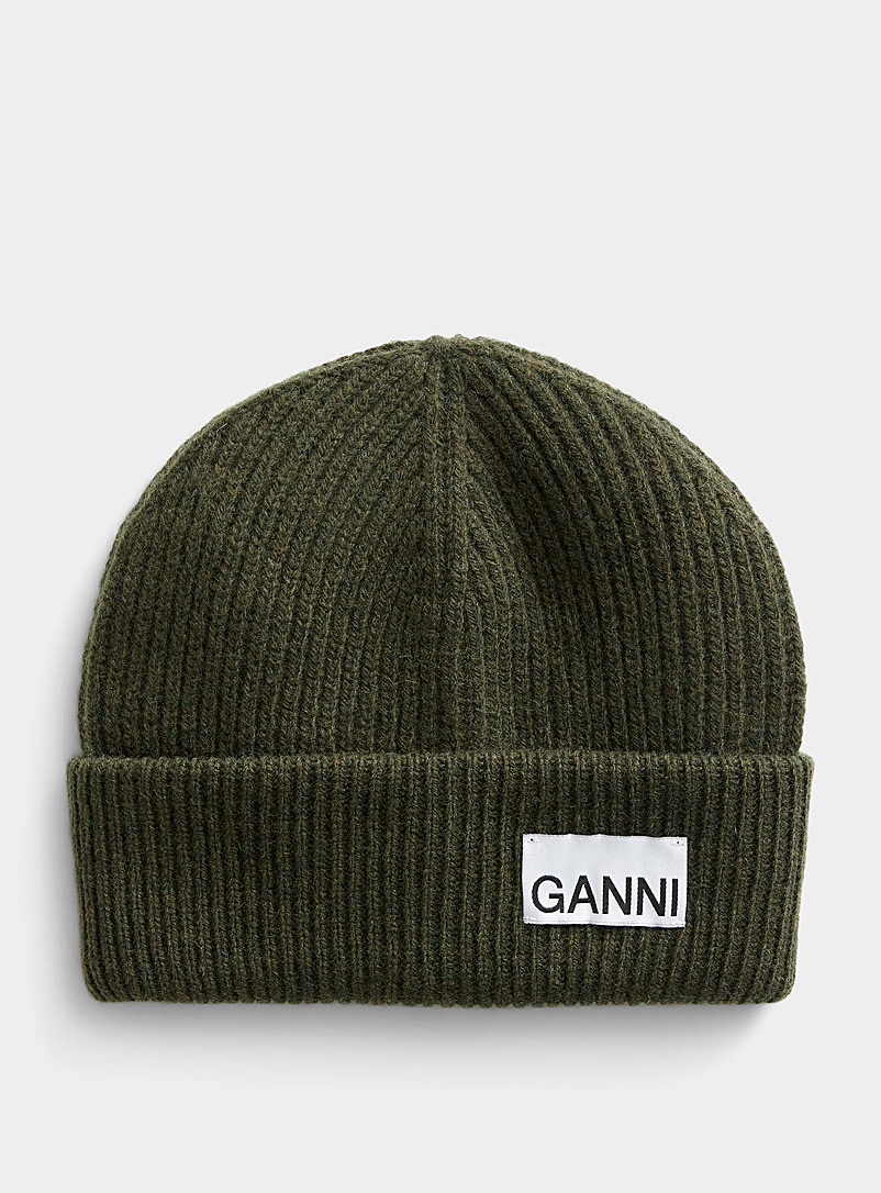 Ganni: La tuque en laine à logo Kaki chartreuse pour femme