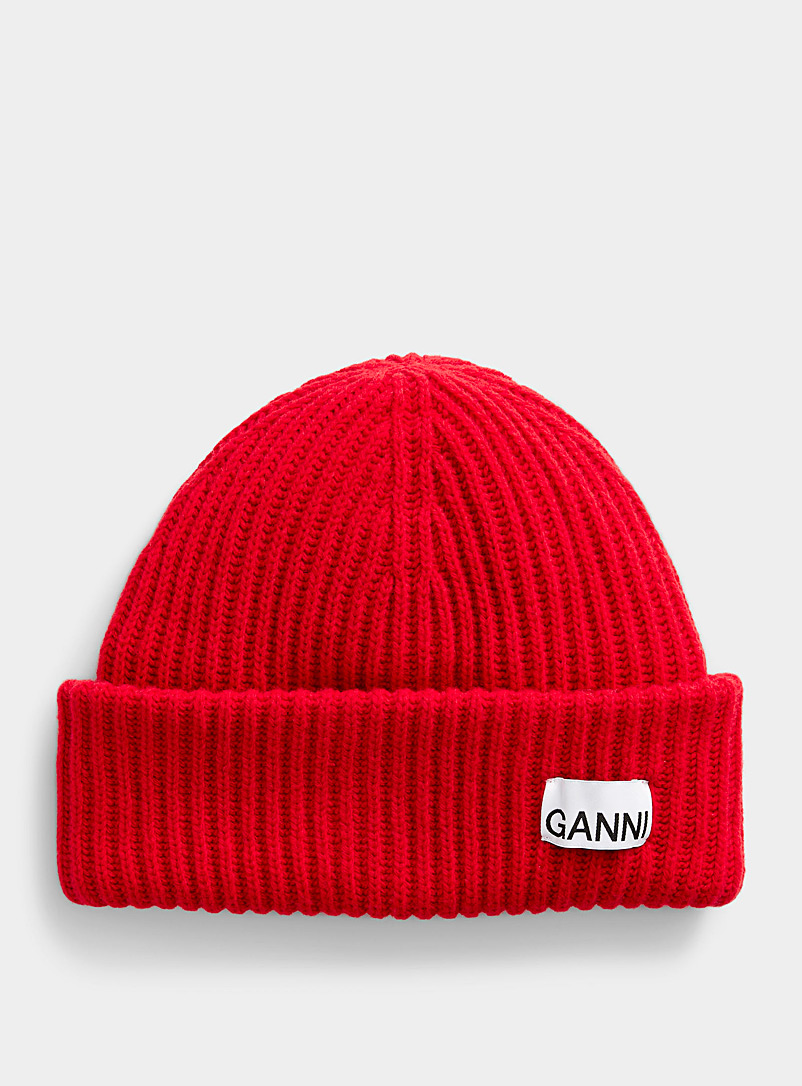 Ganni: La tuque en laine à logo rouge Rouge vif-écarlate pour femme