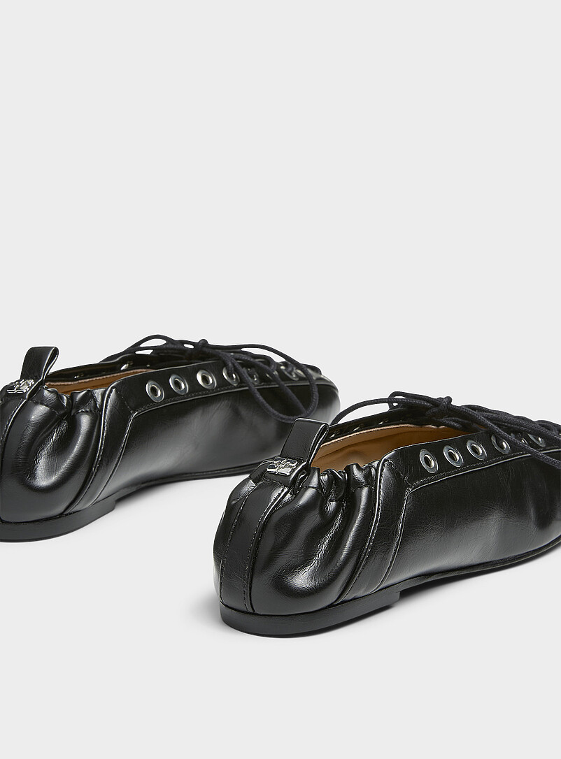 Ganni Black Silvery eyelets lace-up leather ballet flats for women