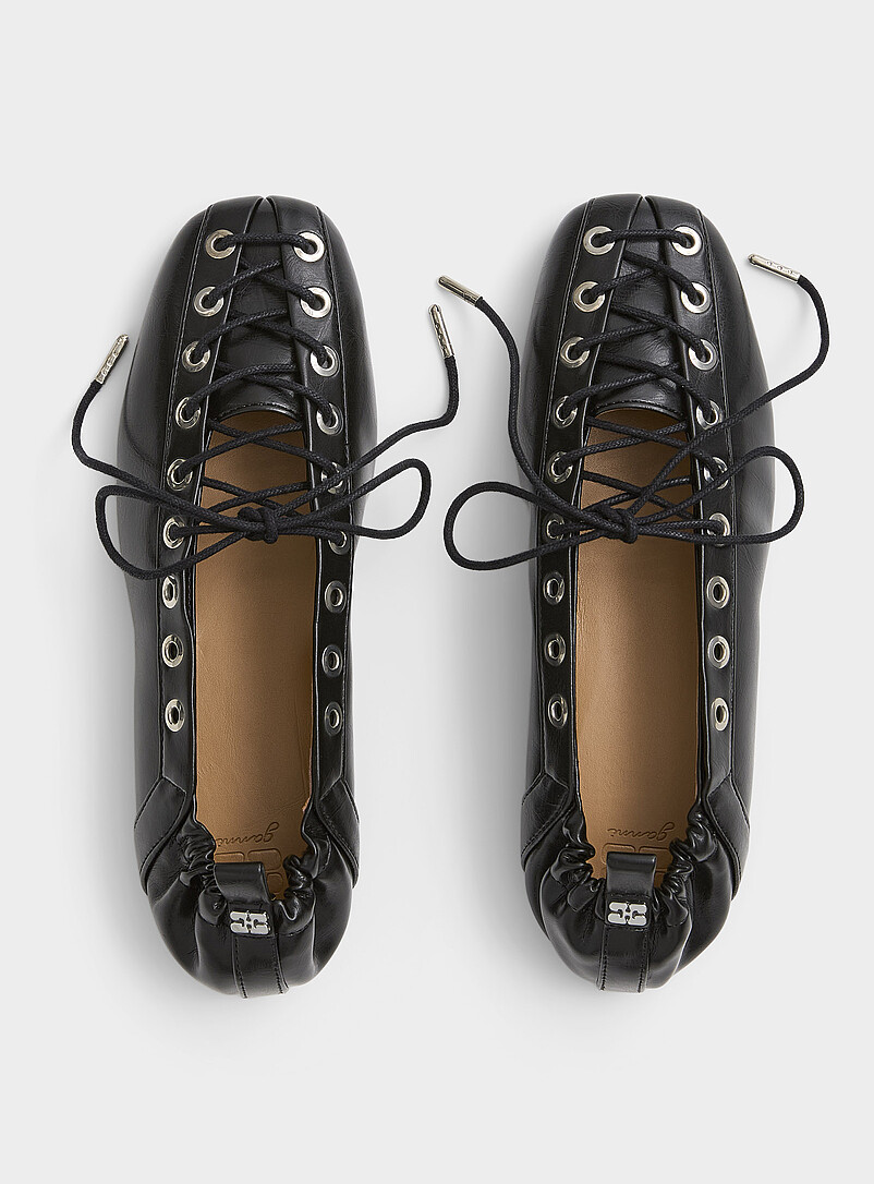 Ganni Black Silvery eyelets lace-up leather ballet flats for women
