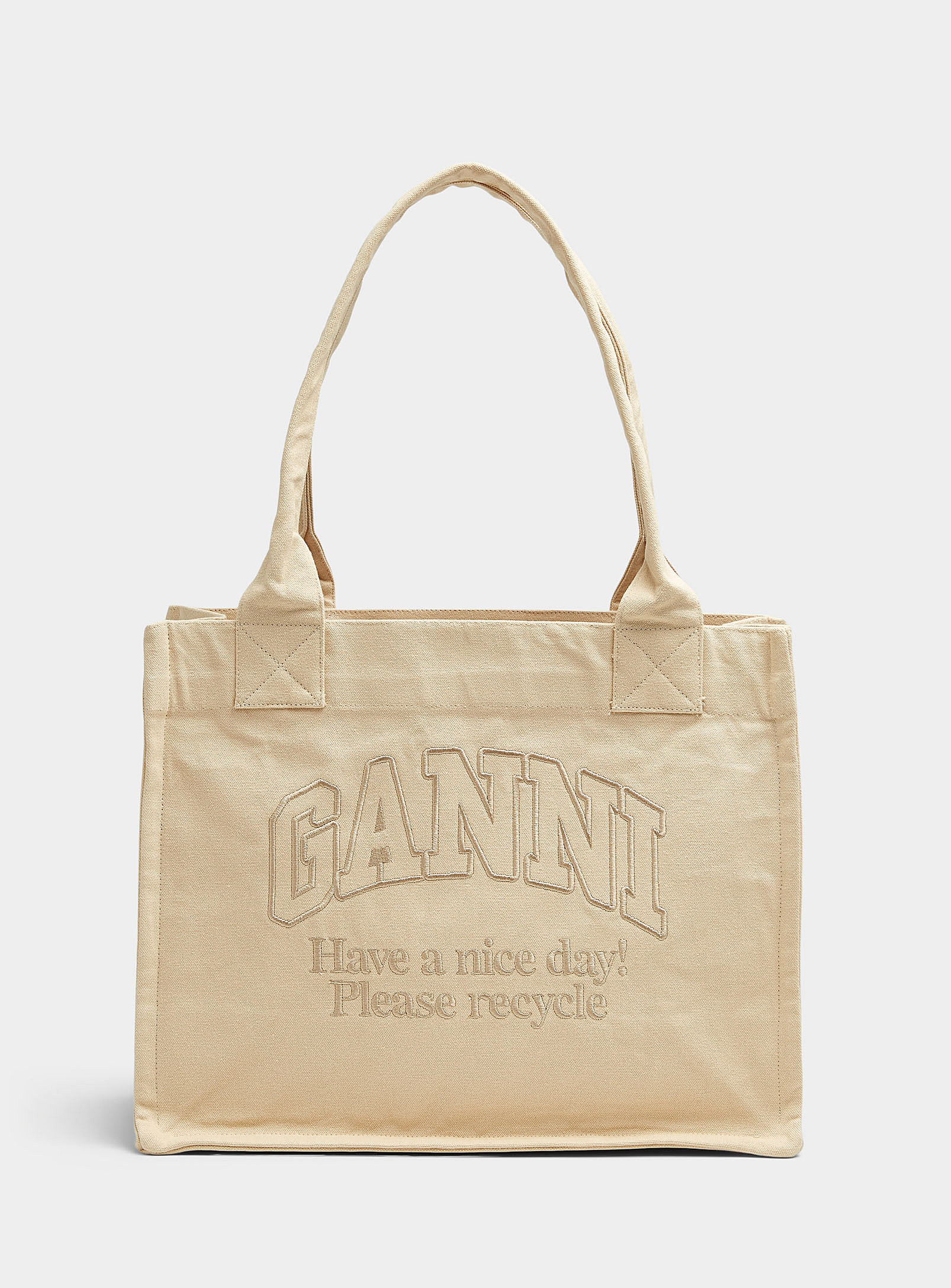 Ganni Please Recycle Beige Tote In Brown