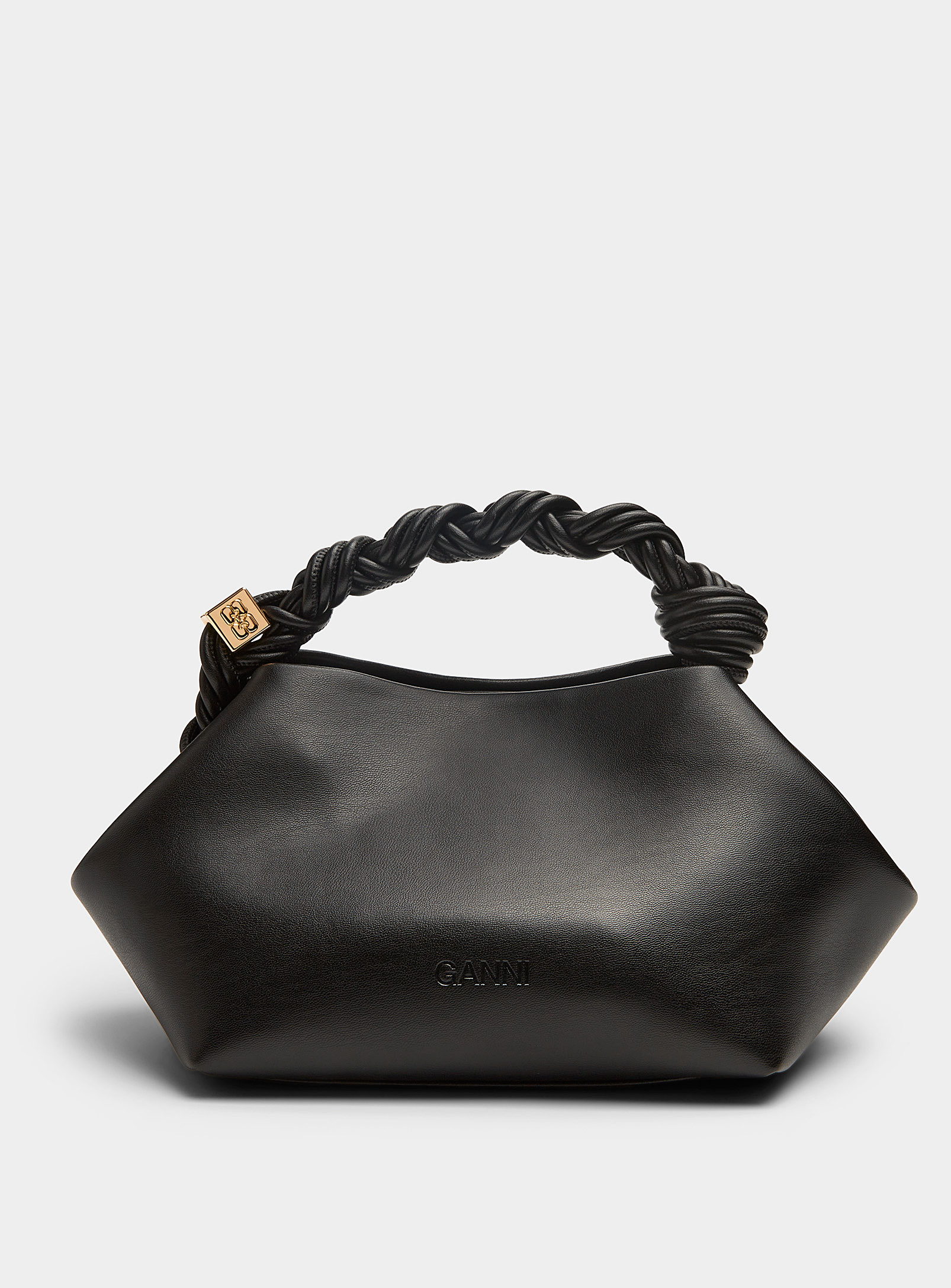 Ganni Bou Braided Handle Recycled Leather Bag In Black
